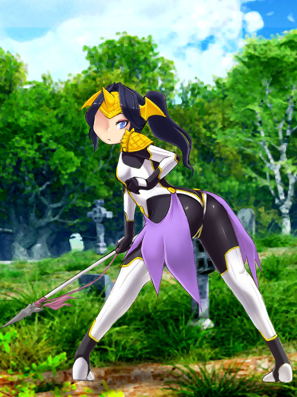 1girl, ass, black_hair, blue_eyes, camel_(dansen), fake_horns, female, from_behind, outdoors, ponytail, ryuhime, shiny, solo, spear, weapon