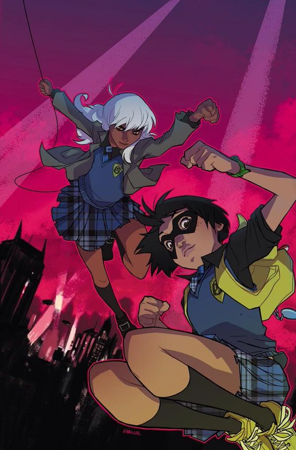 2girls, backpack, black_hair, blazer, city, dark_skin, dc_comics, domino_mask