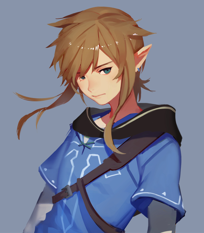 1boy, blonde_hair, blue_background, blue_eyes, earrings, hood, link, male_focus