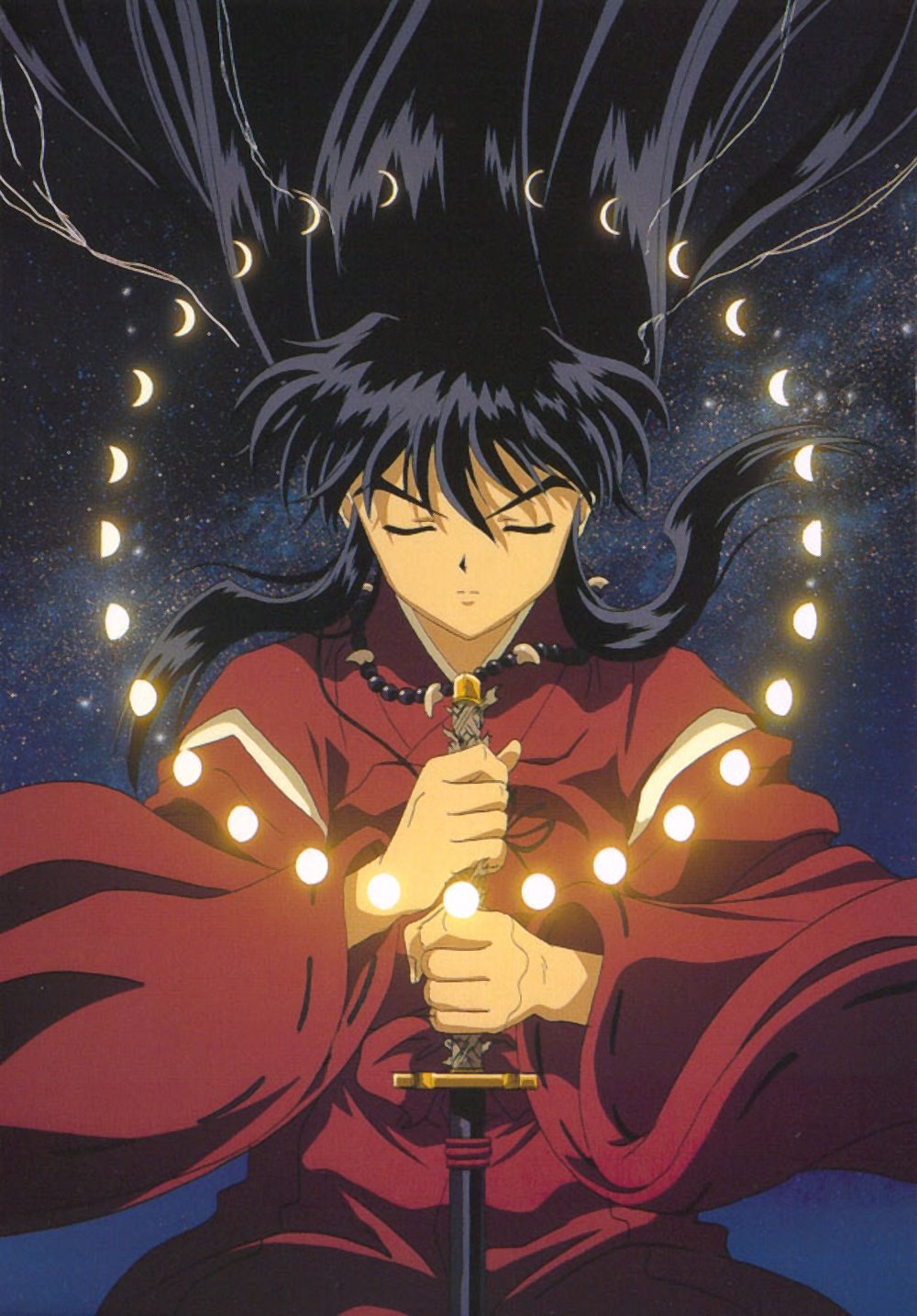 1boy, black_hair, closed_eyes, crescent_moon, full_moon, inuyasha, inuyasha_(character), inuyasha_(human)