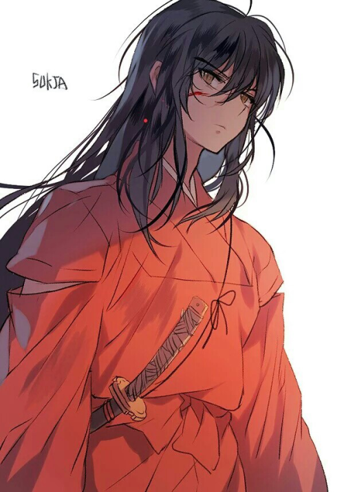 1boy, alternate_form, black_hair, blood_on_face, brown_eyes, inuyasha, inuyasha_(character), inuyasha_(human)