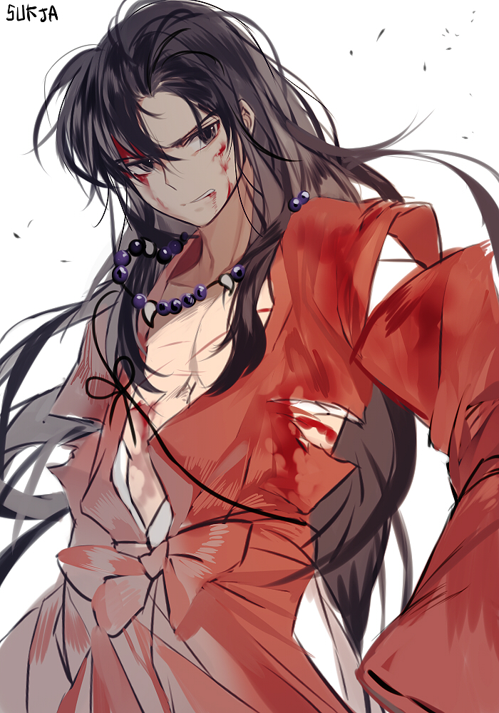 1boy, alternate_form, black_hair, blood, blood_on_face, brown_eyes, clenched_teeth, injury