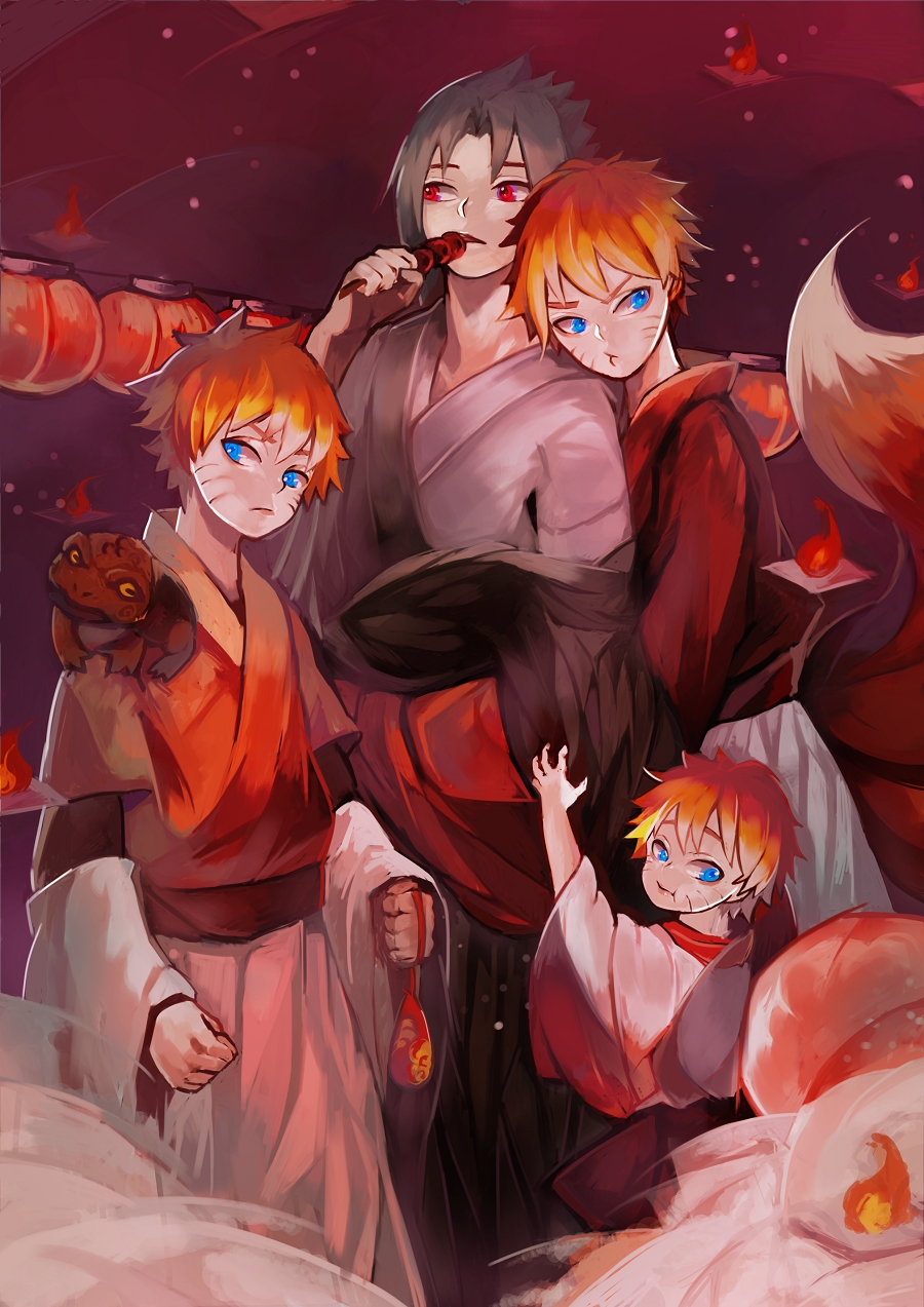 2boys, 4boys, animal_on_shoulder, black_hair, blonde_hair, blue_eyes, coin_purse, dango