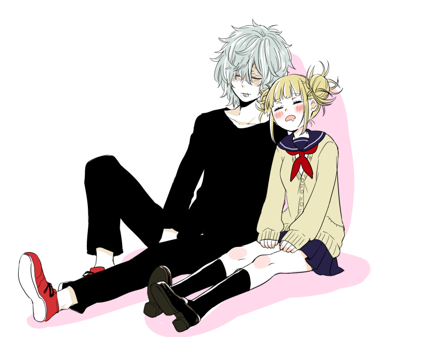 1boy, 1girl, bangs, blonde_hair, blunt_bangs, blush, boku_no_hero_academia, cardigan