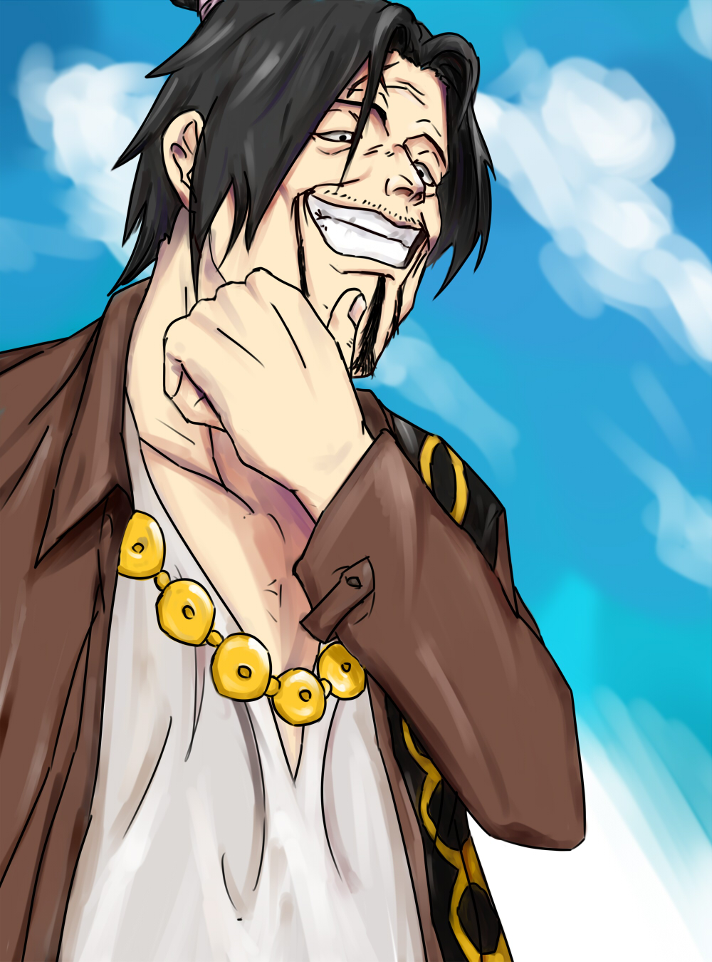 1boy, bins-2525, black_hair, facial_hair, grin, higuma_(one_piece), male_focus, necklace, one_piece, solo