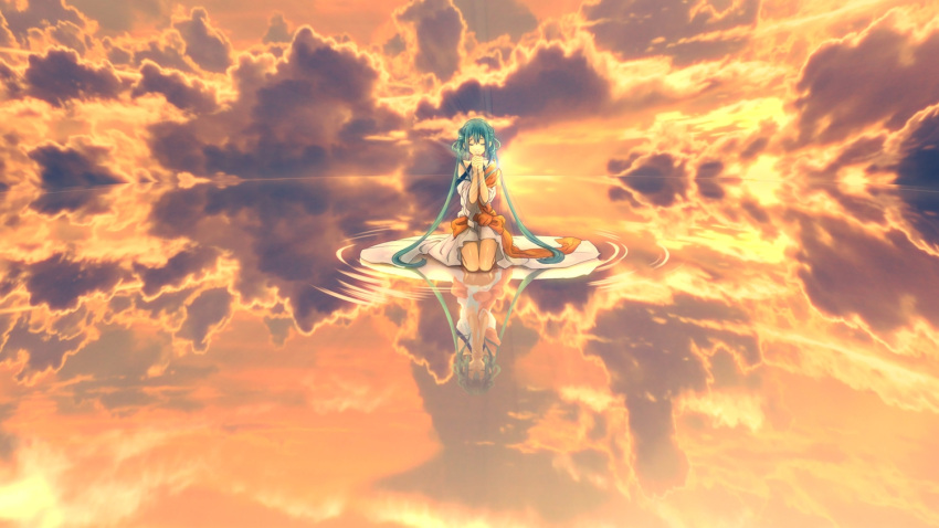 1girl, bent_knees, blue_hair, closed_eyes, clouds, dress, female, hatsune_miku