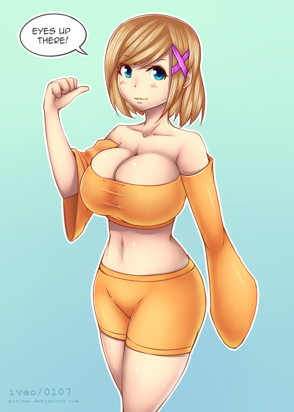 1girl, blue_eyes, breasts, brown_hair, cleavage, iveo, large_breasts