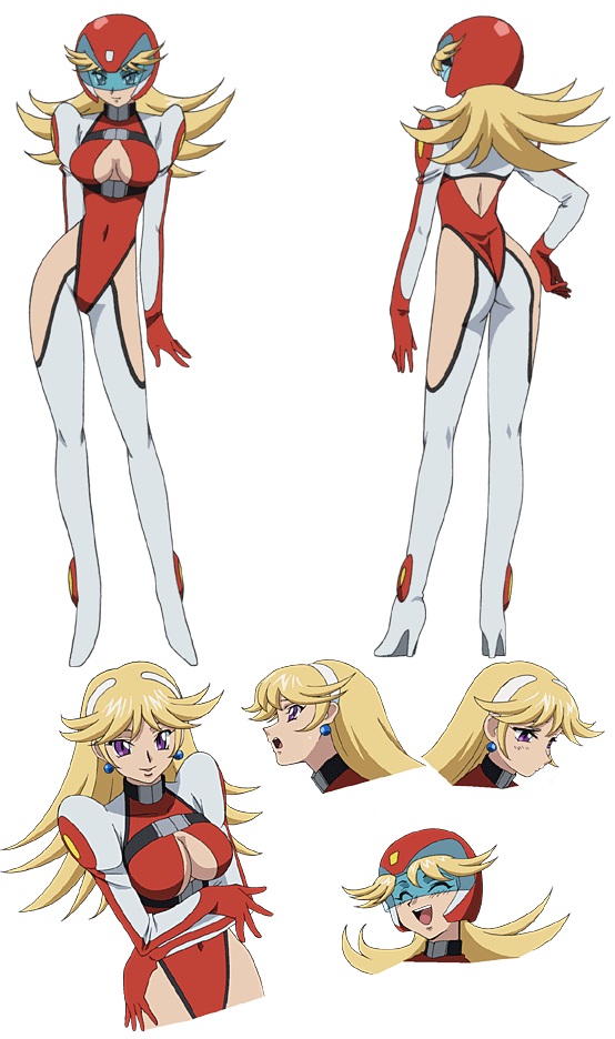 00s, 1girl, ass, back, blonde_hair, bodysuit, breasts, character_sheet, ellis_valentine, female, full_body, happy, large_breasts, leotard, long_hair, naughty_face, official_art, open_mouth, shinkon_gattai_godannar!!, smile, solo