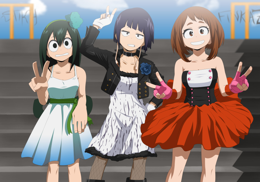 3girls, asui_tsuyu, boku_no_hero_academia, horikoshi_kouhei, jirou_kyouka, multiple_girls, stiky_finkaz, uraraka_ochako