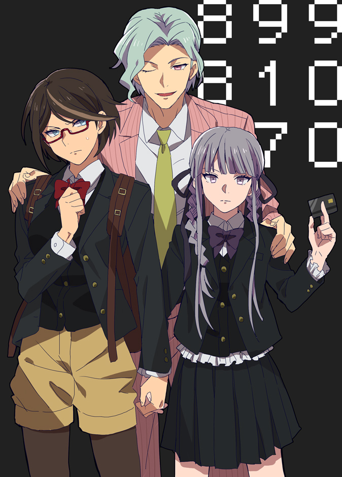 1boy, 2girls, aqua_hair, blue_eyes, braid, brown_hair, card, dangan_ronpa