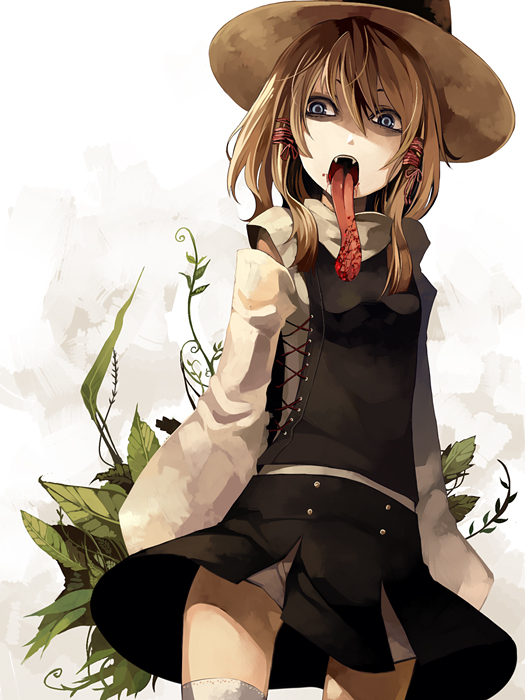 blonde_hair, blood, blue_eyes, creepy, fangs, hat, long_tongue, moriya_suwako