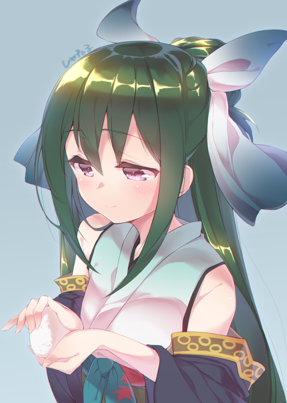 1girl, bare_shoulders, blue_background, blush, character_request, closed_mouth, detached_sleeves, eyebrows