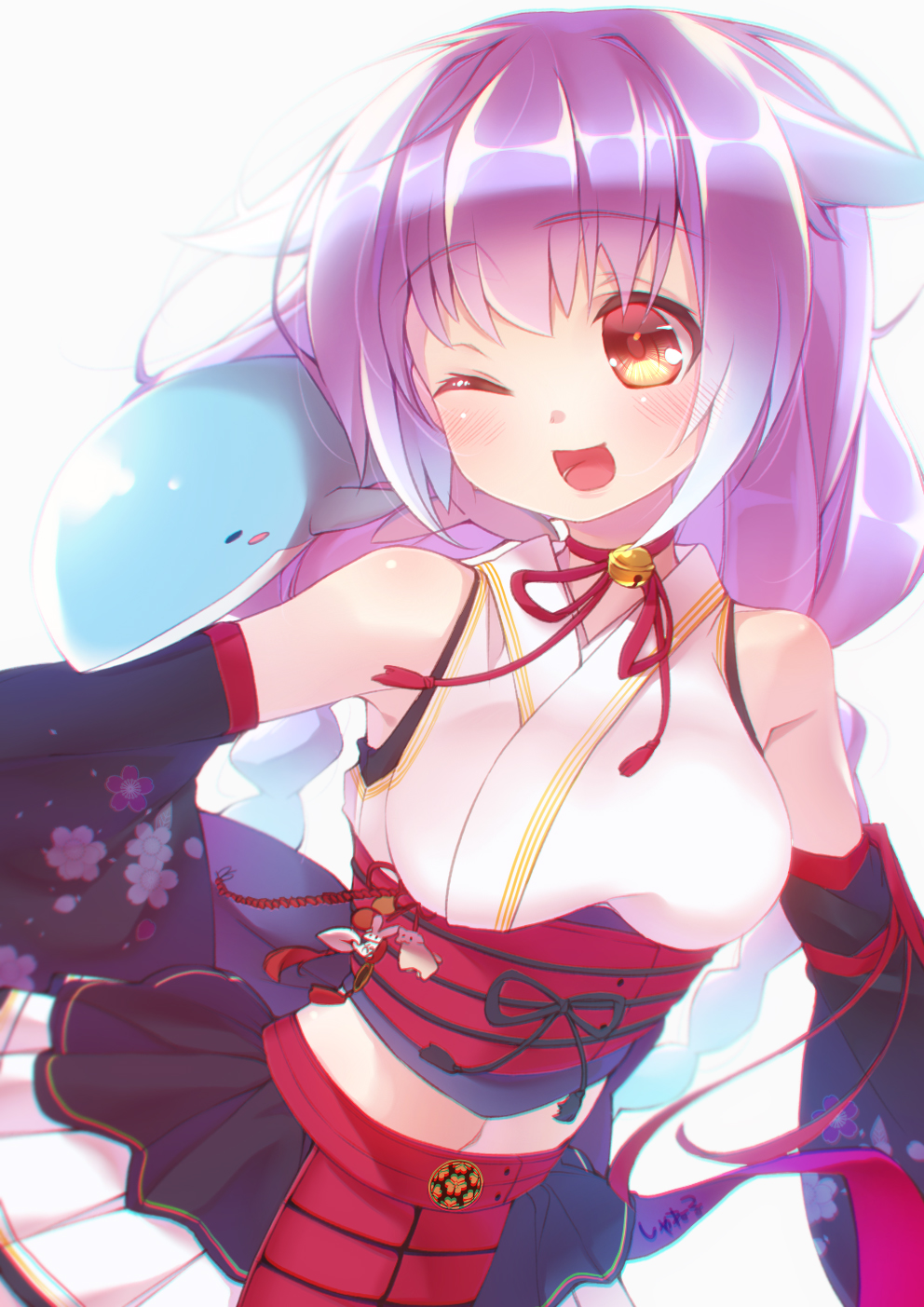 1girl, ;d, bell, bell_choker, blush, blush_stickers, braid, breasts