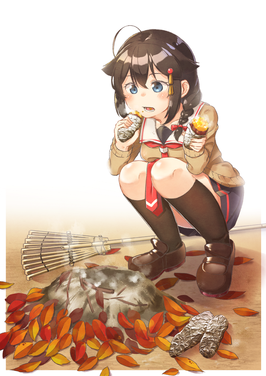 1girl, ahoge, black_skirt, blue_eyes, blush, braid, brown_hair, brown_legwear