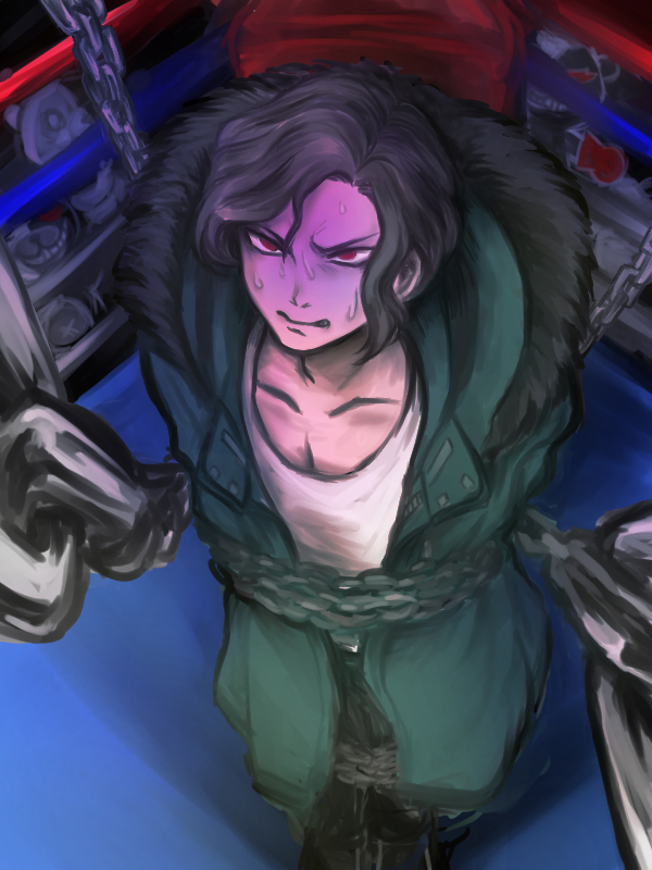 1boy, bad_end, black_hair, boxing_ring, chained, chains, clenched_teeth, coat