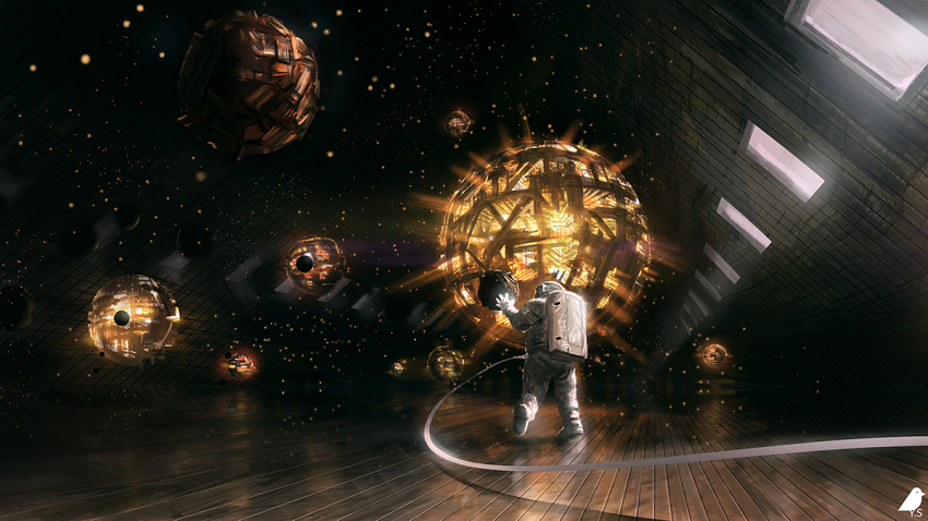 astronaut, attic, commentary_request, floating_object, gloves, glowing, helmet, indoors, light_particles, scenery, scp-100-jp, scp_foundation, shadow, signature, solo, space, spacesuit, sphere, standing, standing_on_one_leg, white_gloves, window, wooden_floor, you_(shimizu)