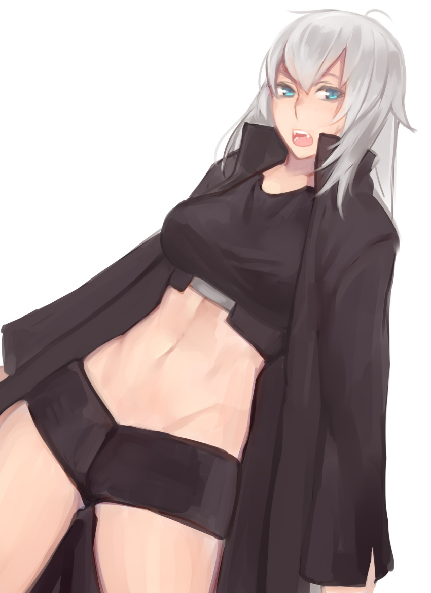 1girl, bangs, blue_eyes, breasts, celece_hayasaka_(azuriu), commission, crop_top, fangs