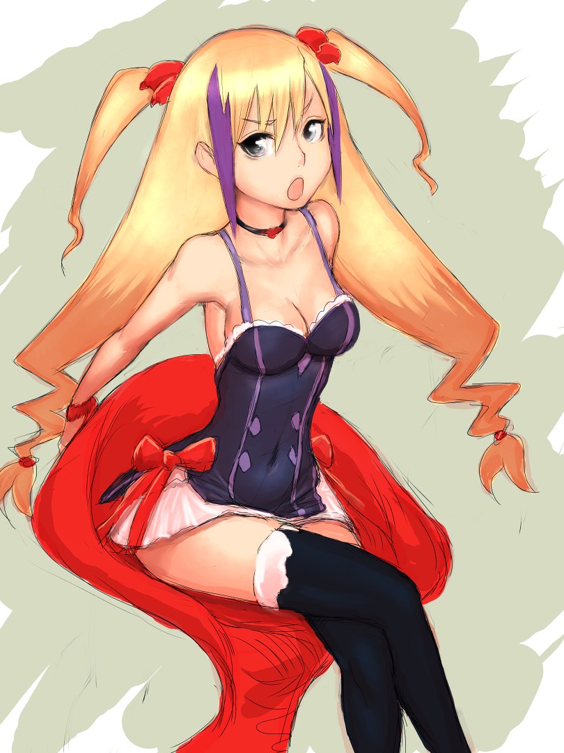 bare_shoulders, blonde_hair, breasts, camisole, chair, choker, cleavage, crossed_legs, dragonaut, dress, grey_eyes, humio, jacqueline_baumgold, jpeg_artifacts, long_hair, multicolored_hair, sitting, thigh-highs, thighhighs, twintails, two-tone_hair, zettai_ryouiki