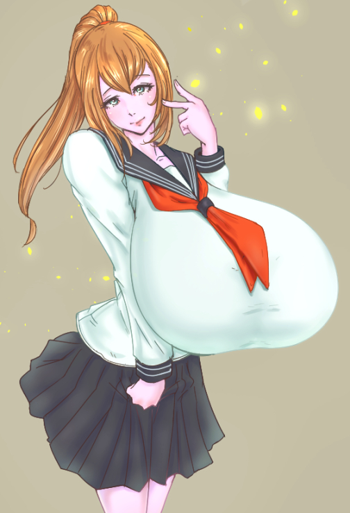 breasts, brown_hair, gigantic_breasts, green_eyes, lips, looking_at_viewer, ponytail, school_uniform