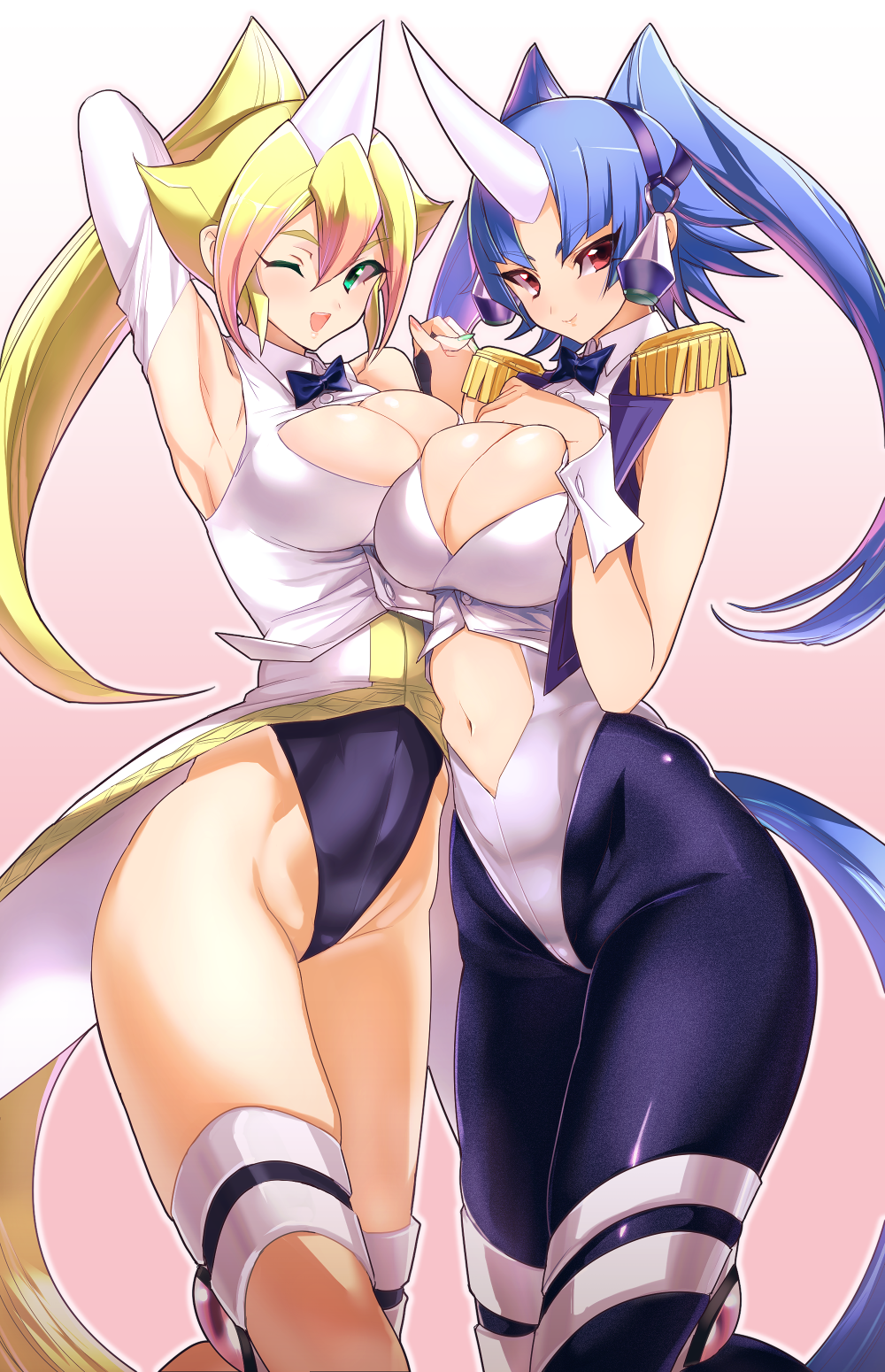 2girls, :d, :t, ;d, arm_up, armpits, blonde_hair, blue_hair