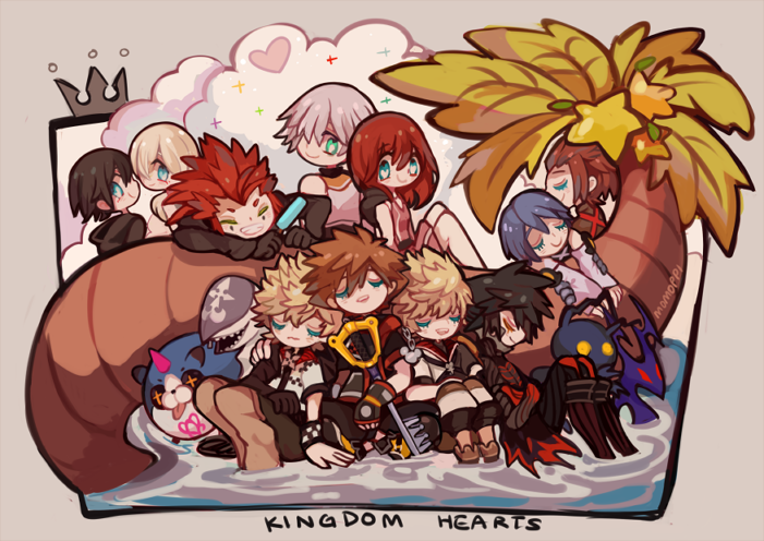 4girls, 6+boys, aqua_(kingdom_hearts), axel_(kingdom_hearts), clouds, crown, dream_eater, everyone, food, fruit, heart, heart-shaped_pupils, heartless, kairi_(kingdom_hearts), kingdom_hearts, momoppi, multiple_boys, multiple_girls, namine, nobody_(kingdom_hearts), palm_tree, riku, roxas, sleeping, smile, sora_(kingdom_hearts), spiky_hair, starfruit, symbol-shaped_pupils, terra_(kingdom_hearts), tree, unversed, vanitas, ventus, water, xion_(kingdom_hearts)