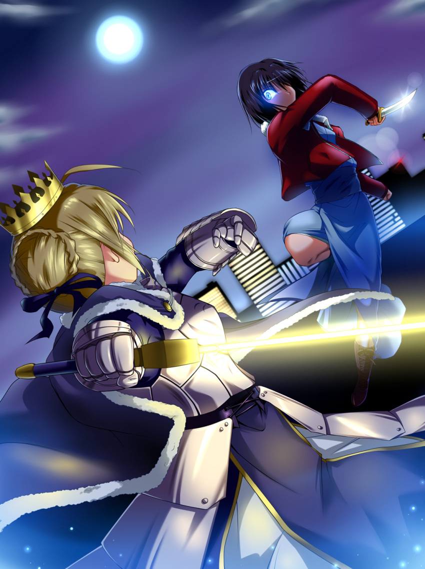 2girls, ahoge, armor, armored_dress, battle, black_hair, blonde_hair, blue_eyes, breastplate, cape, crossover, crown, dutch_angle, excalibur, fate/grand_order, fate/stay_night, fate_(series), faulds, gauntlets, glowing, glowing_eye, hair_bun, hair_ribbon, highres, jacket, japanese_clothes, kara_no_kyoukai, kimono, kouga_(hipporit), multiple_girls, red_jacket, reverse_grip, ribbon, ryougi_shiki, saber, short_hair, sword, weapon