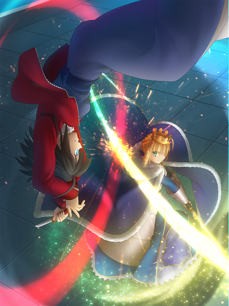 2girls, ahoge, armor, armored_dress, battle, black_hair, blonde_hair, blue_eyes