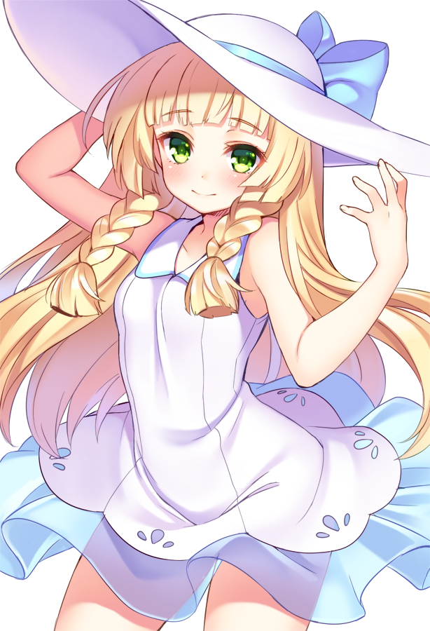 10s, 1girl, blonde_hair, braid, dress, green_eyes, hat, lillie_(pokemon)