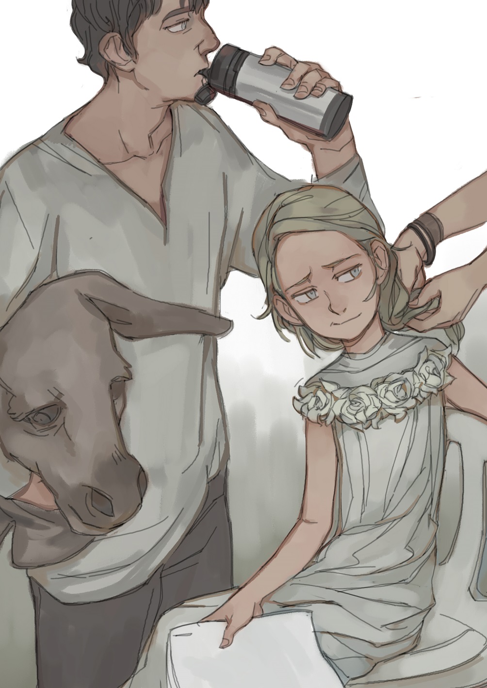 1boy, 1girl, a_midsummer_night's_dream, dress, drinking, facial_hair, flat_chest, goatee