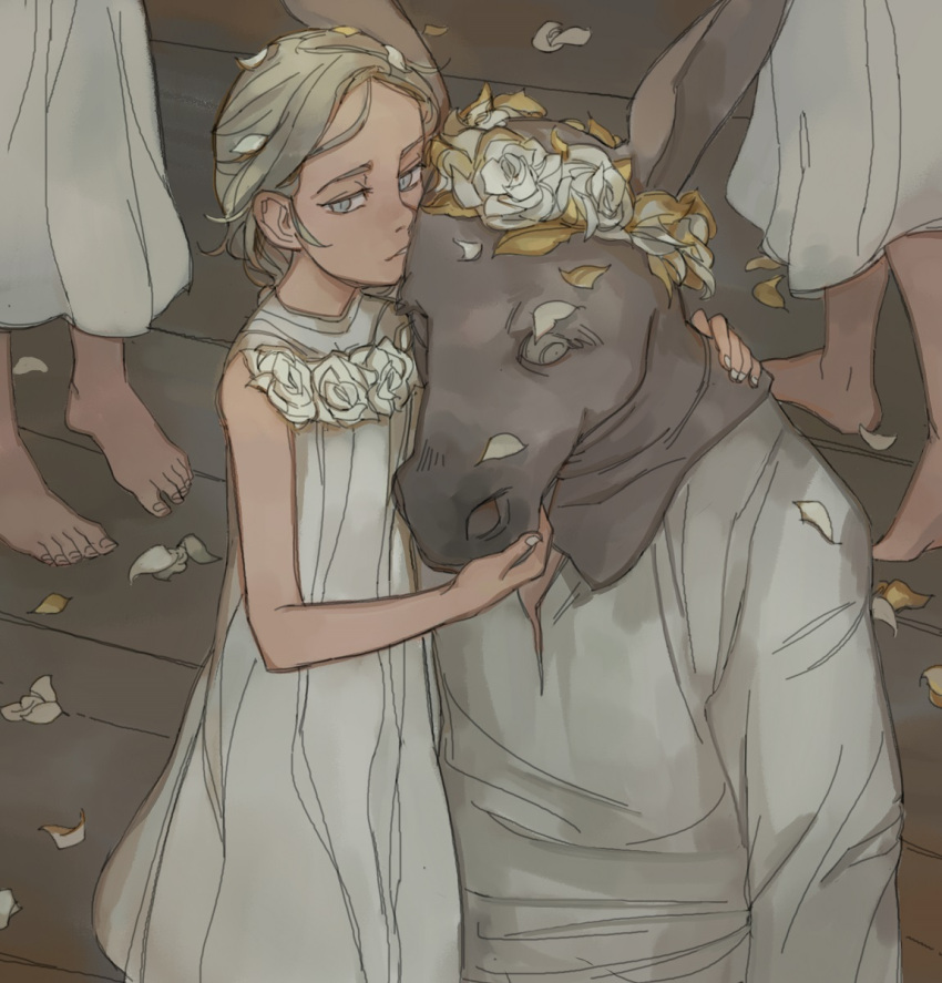 1boy, 3girls, a_midsummer_night's_dream, blonde_hair, blue_eyes, dress, flat_chest, highres