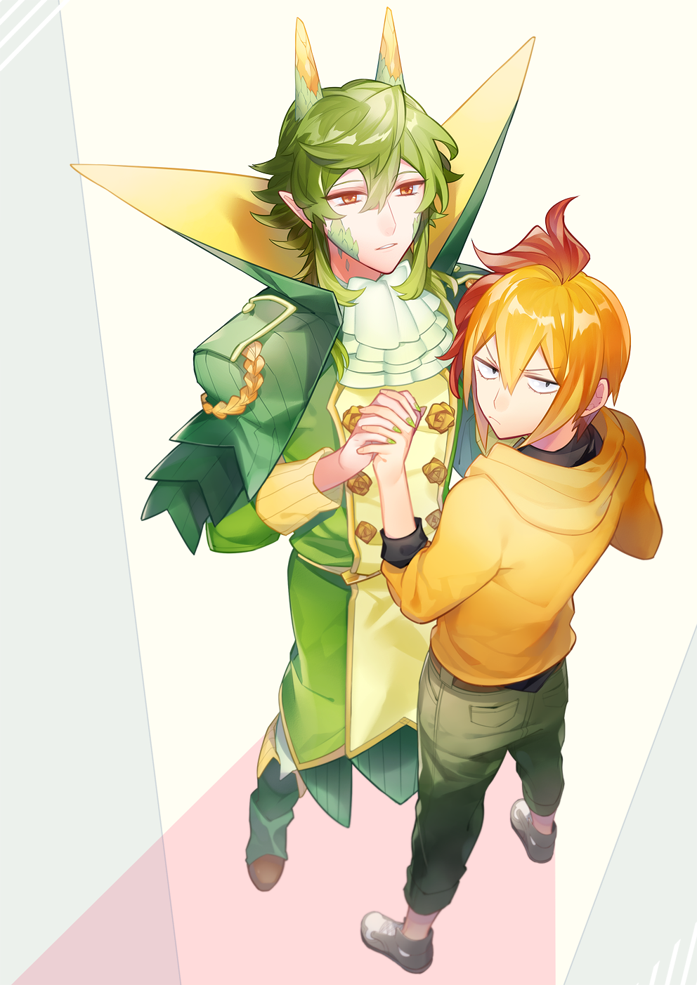 2boys, aguruma_(yukisita03), blonde_hair, brown_shoes, cravat, full_body, green_hair, hand_holding