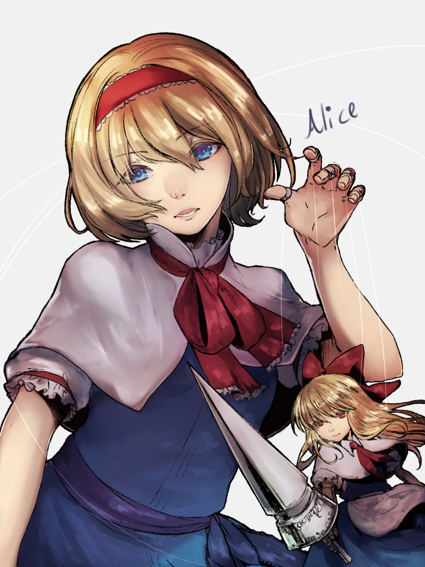 1girl, alice_margatroid, apron, blonde_hair, blue_dress, blue_eyes, capelet, character_name