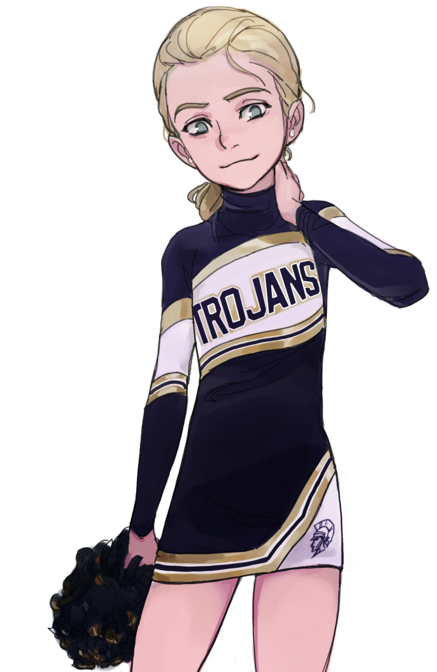 1girl, blonde_hair, blue_eyes, cheerleader, dress, earrings, flat_chest, highres, jewelry, letterman_jacket, long_hair, original, pom_poms, ponytail, season_(artist), smile, solo, whitney_kawinski