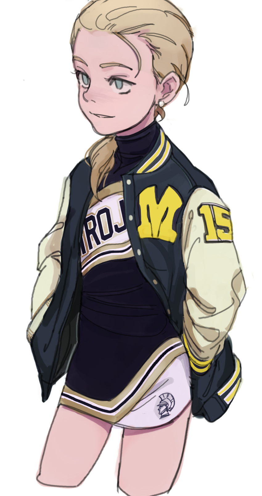 1girl, absurdres, blonde_hair, blue_eyes, cheerleader, dress, earrings, flat_chest, highres, jewelry, letterman_jacket, long_hair, original, ponytail, season_(artist), solo, whitney_kawinski