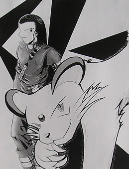 1boy, artist_request, lowres, male_focus, monochrome, persian, pok&eacute;mon_card_ni_natta_wake, pokemon