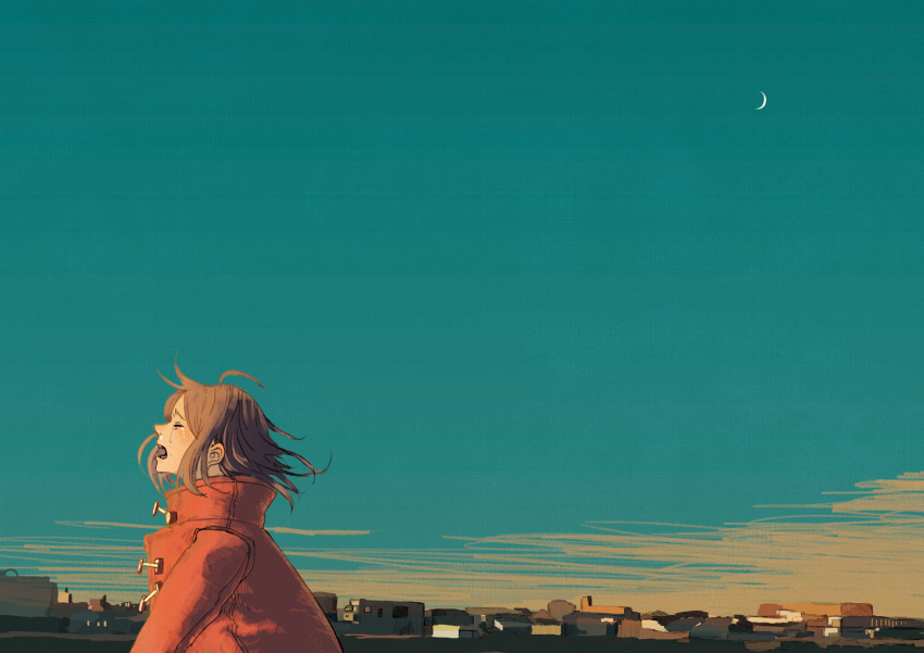 1girl, ahoge, blue_sky, brown_hair, building, city, cityscape, closed_eyes