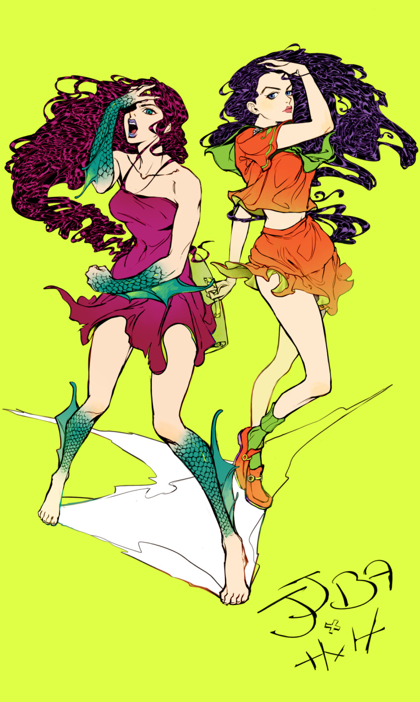 2girls, alderion-al, barefoot, blue_eyes, clenched_hand, crossover, dress, fins