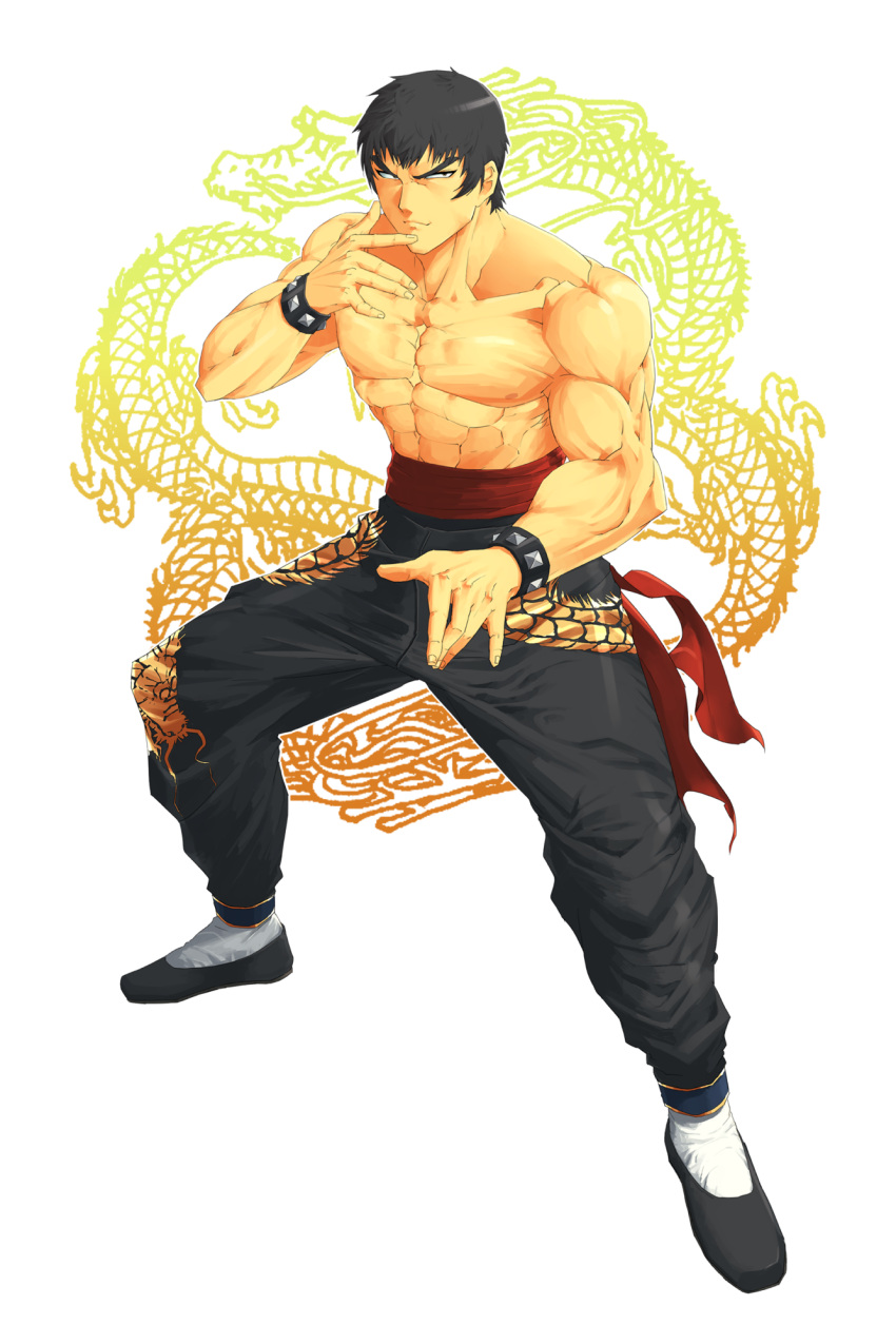 1boy, abs, biceps, black_eyes, black_hair, bracelet, dragon, dragon_print