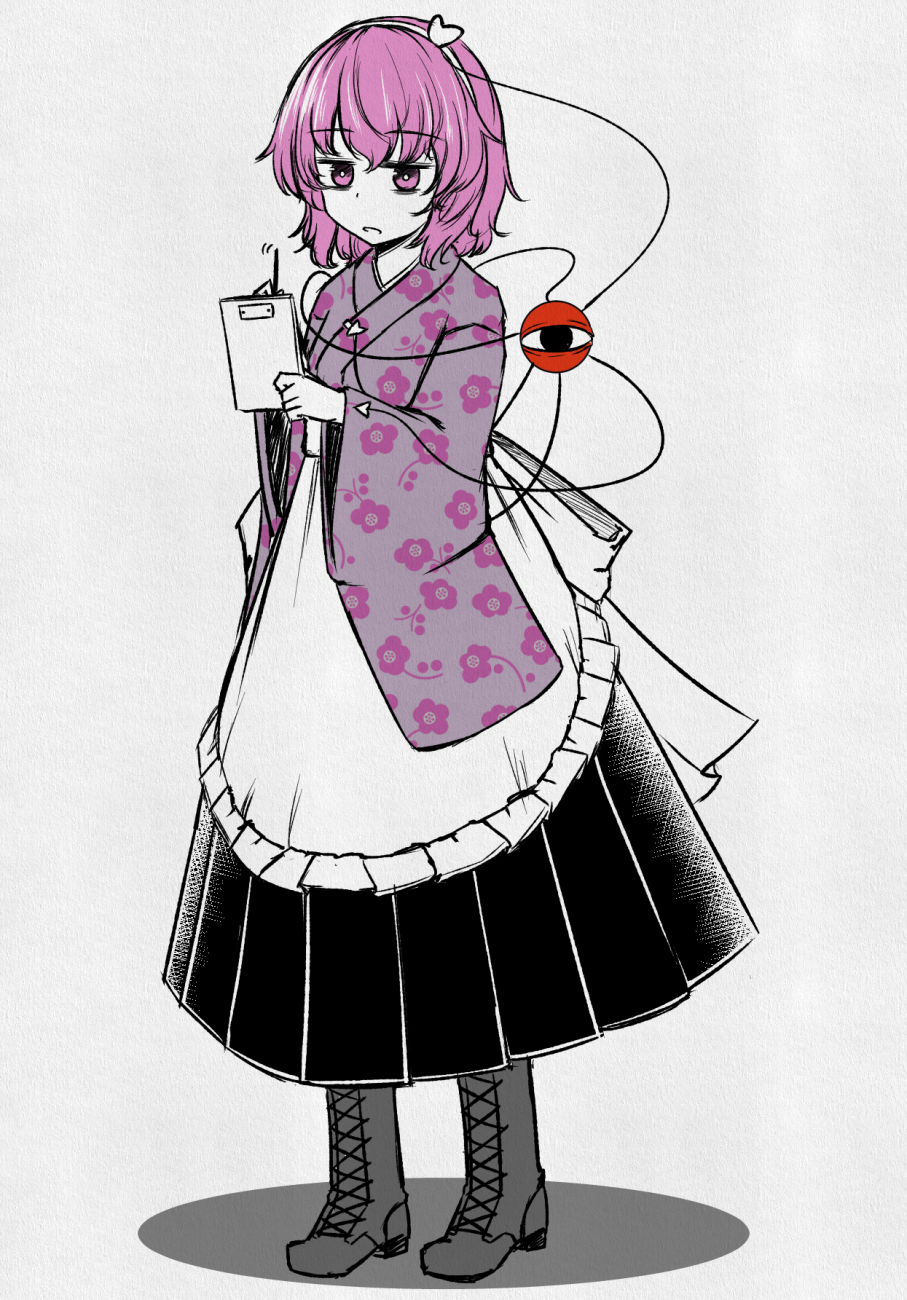 1girl, apron, bags_under_eyes, boots, cross-laced_footwear, floral_print, ganmaganmo, hairband