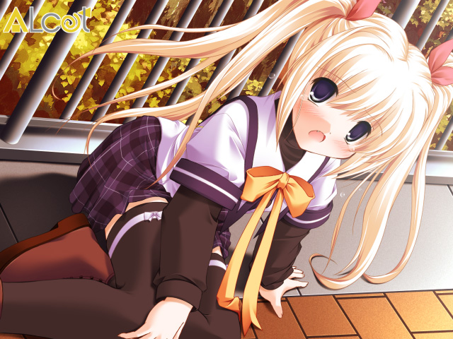 1girl, black_legwear, blonde_hair, blush, bow, bowtie, clover_(series), clover_heart's