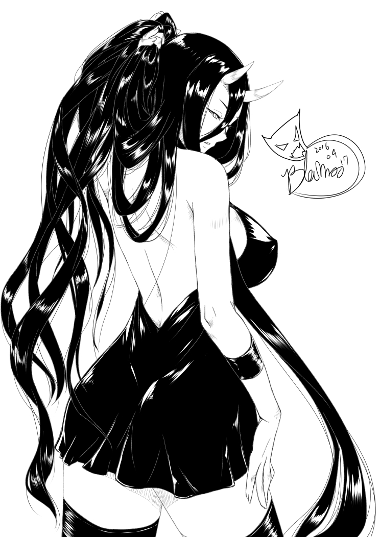 1girl, ass, bare_back, bare_shoulders, battleship_hime, black_dress, black_hair, blackmoon