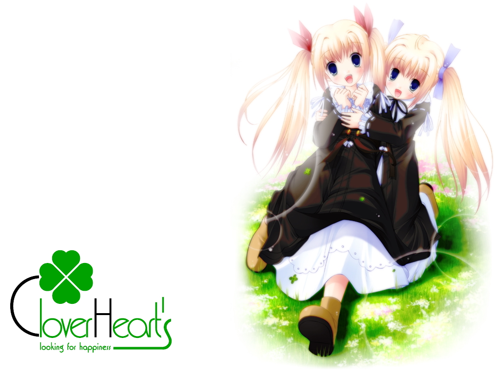 2girls, arm_around_shoulders, blonde_hair, blue_eyes, blue_ribbon, brown_dress, clover, clover_(series)