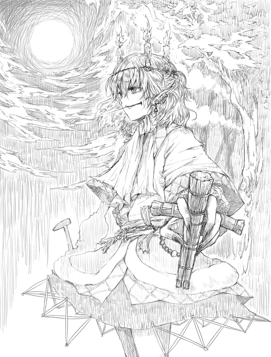 doll, mizuhashi_parsee, monochrome, moon, scarf, shishou, skirt, stake