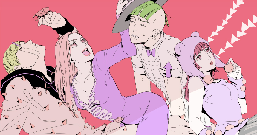 2boys, 2girls, animal_ears, bear_ears, bow, bowtie, breasts, cleavage