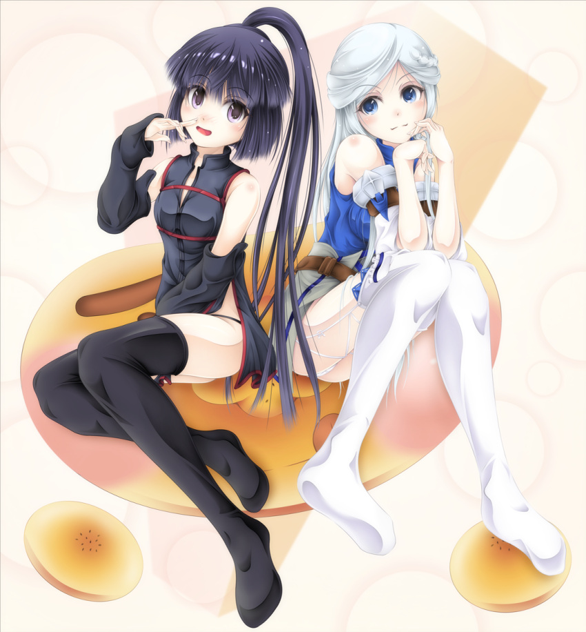 2girls, akatsuki_(log_horizon), between_legs, black_hair, black_legwear, black_panties, blue_eyes, boldcats