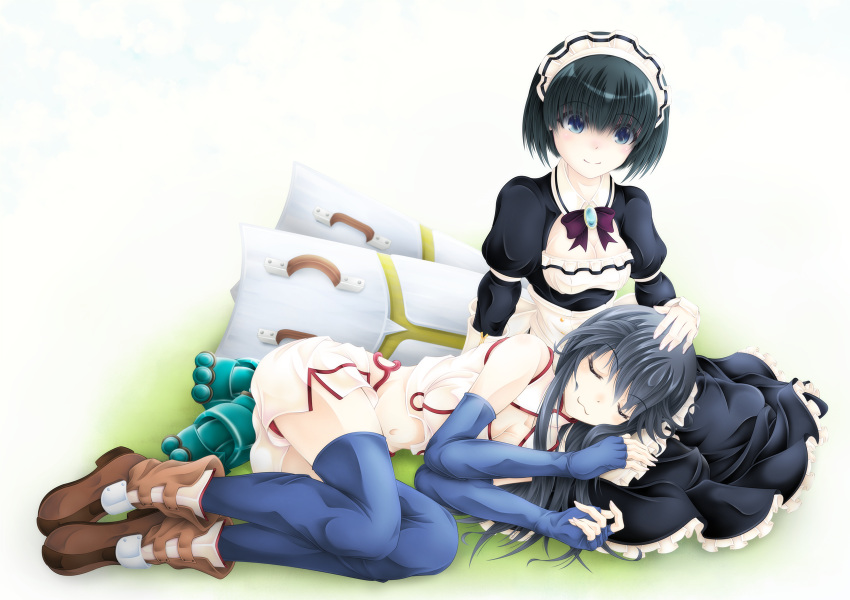2girls, black_hair, blue_gloves, blue_legwear, boldcats, breasts, cleavage, cleavage_cutout