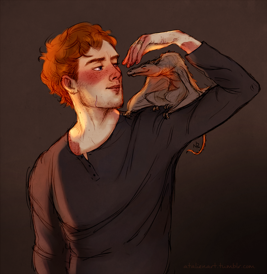 1boy, animal_on_shoulder, black_shirt, charlie_weasley, dragon, freckles, harry_potter, long_sleeves