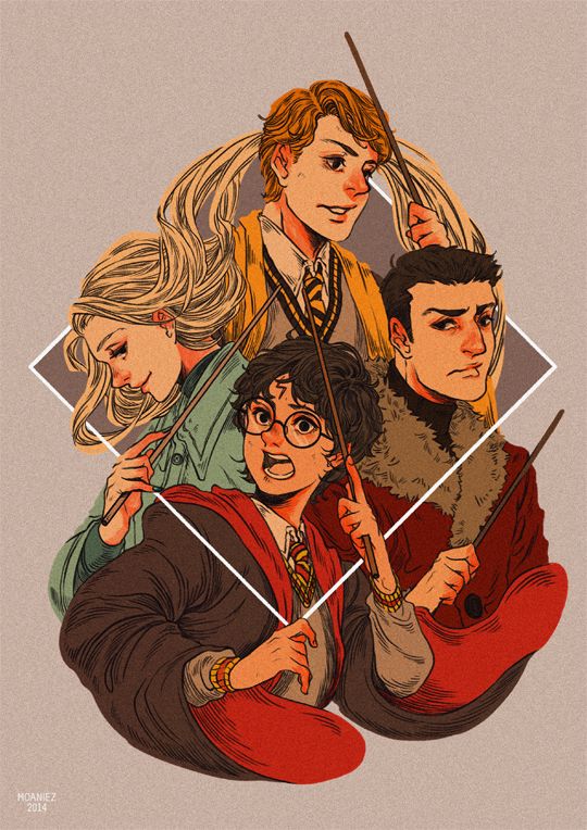 1girl, 2014, 3boys, black_hair, blonde_hair, brown_hair, cedric_diggory, coat