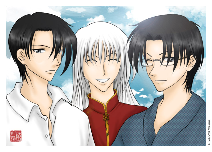 3boys, black_hair, fruits_basket, glasses, hair_over_one_eye, male_focus, multiple_boys, smile
