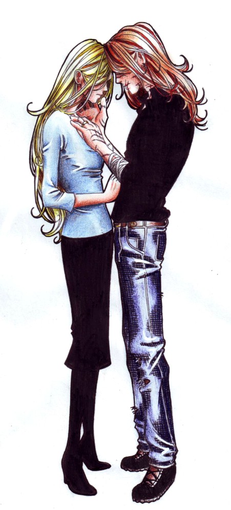 1boy, 1girl, bandage, beard, bill_weasley, black_shirt, black_skirt, blonde_hair